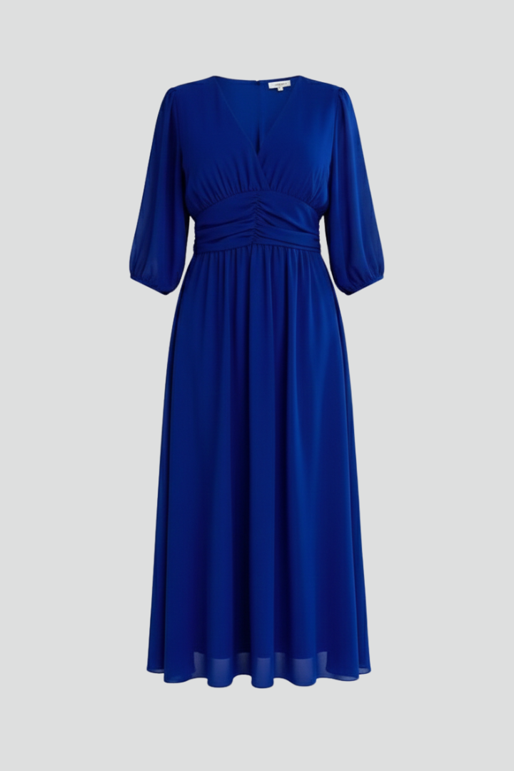 Catherine | Robe midi croisée à col en V pour femme – Robe évasée à manches longues