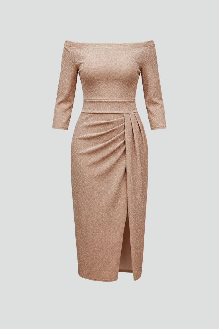 Araminta | Robe longue à épaules dénudées pour femme – Robe drapée à manches longues