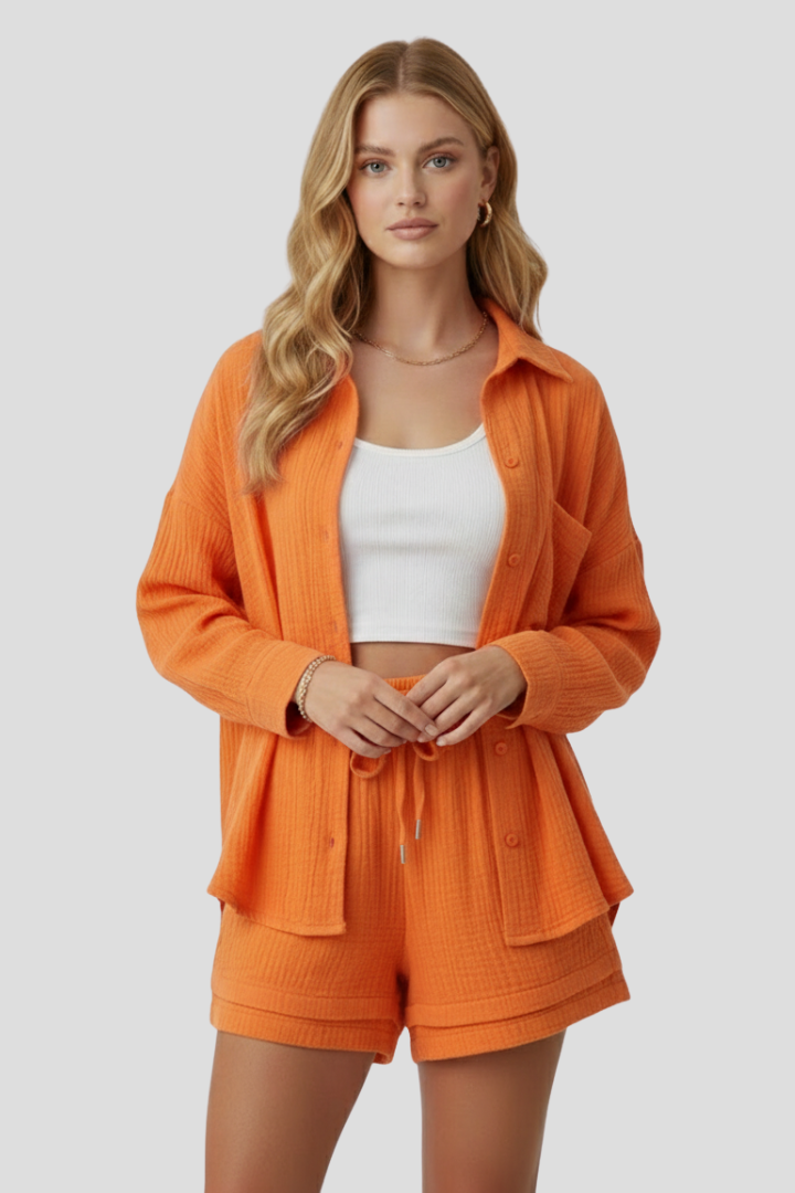 Célina | Ensemble 2 pièces en mousseline pour femme - Haut oversize boutonné et short ample