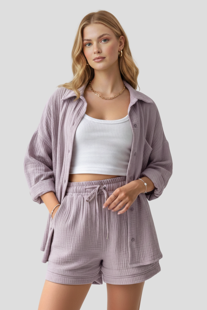 Célina | Ensemble 2 pièces en mousseline pour femme - Haut oversize boutonné et short ample