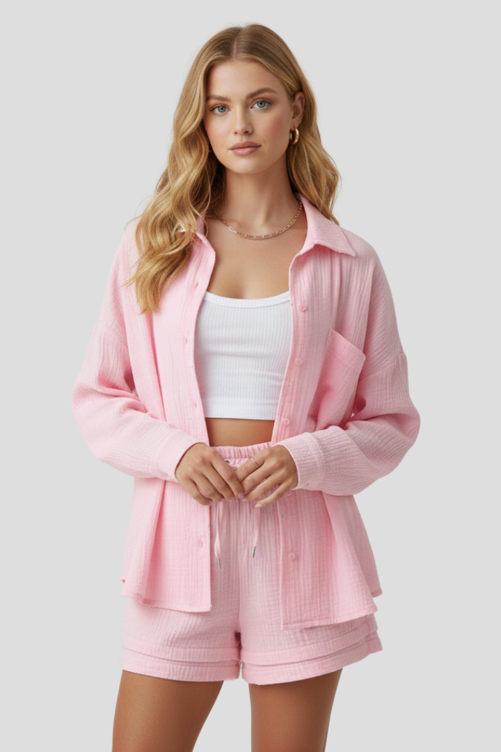 Célina | Ensemble 2 pièces en mousseline pour femme - Haut oversize boutonné et short ample