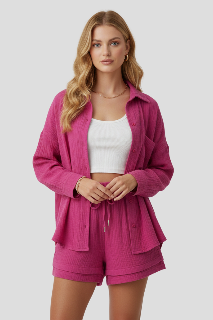 Célina | Ensemble 2 pièces en mousseline pour femme - Haut oversize boutonné et short ample