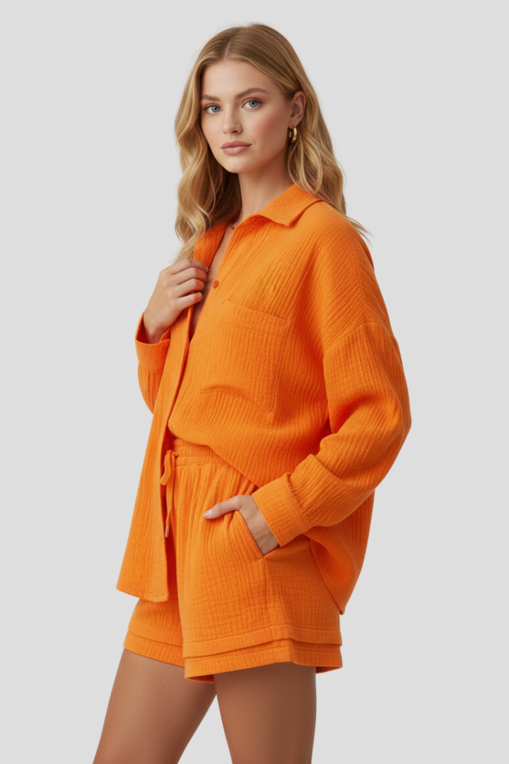 Célina | Ensemble 2 pièces en mousseline pour femme - Haut oversize boutonné et short ample