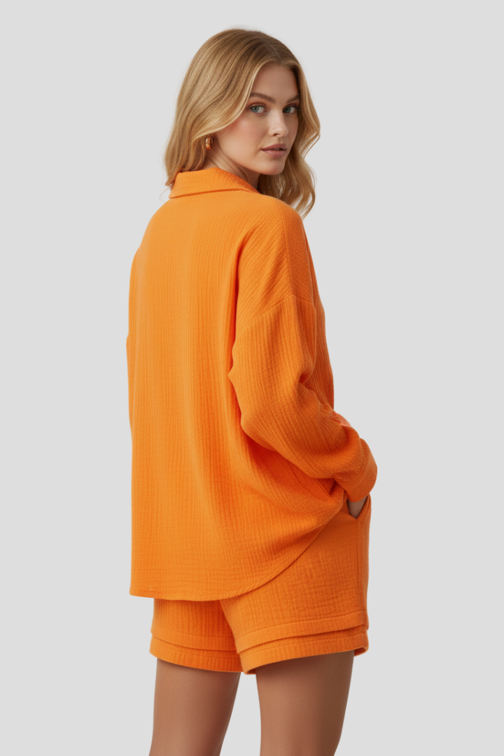 Célina | Ensemble 2 pièces en mousseline pour femme - Haut oversize boutonné et short ample