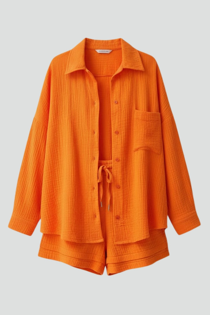 Célina | Ensemble 2 pièces en mousseline pour femme - Haut oversize boutonné et short ample