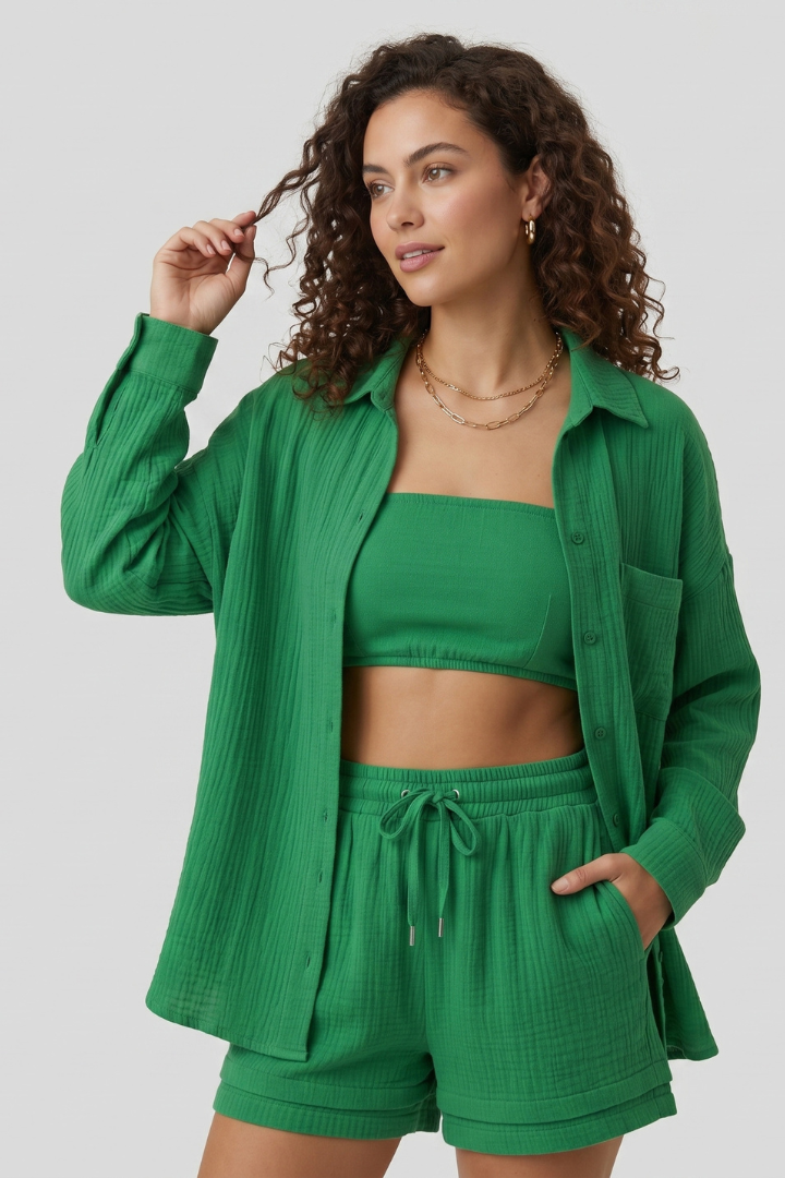 Célina | Ensemble 2 pièces en mousseline pour femme - Haut oversize boutonné et short ample
