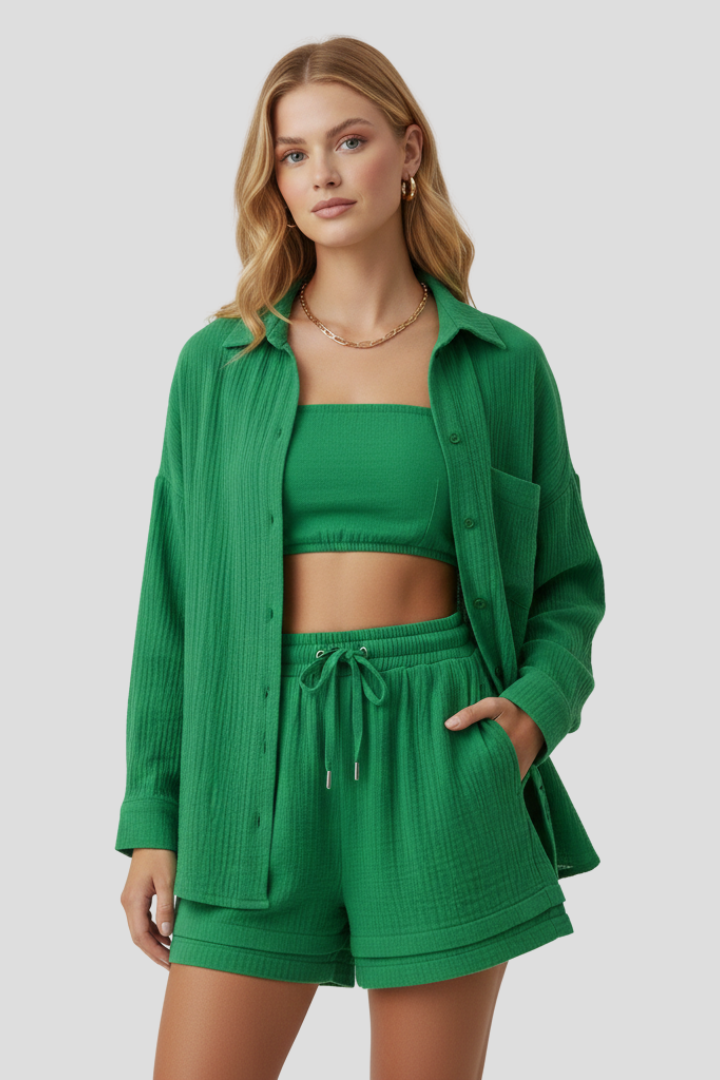 Célina | Ensemble 2 pièces en mousseline pour femme - Haut oversize boutonné et short ample