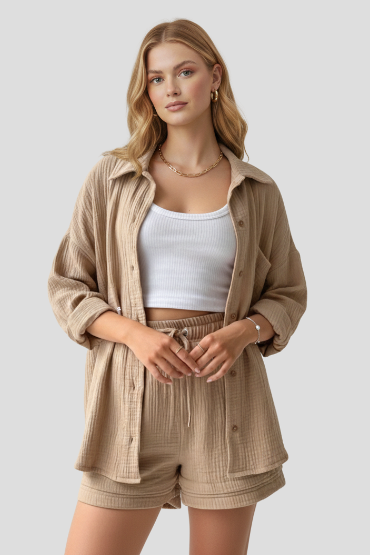 Célina | Ensemble 2 pièces en mousseline pour femme - Haut oversize boutonné et short ample