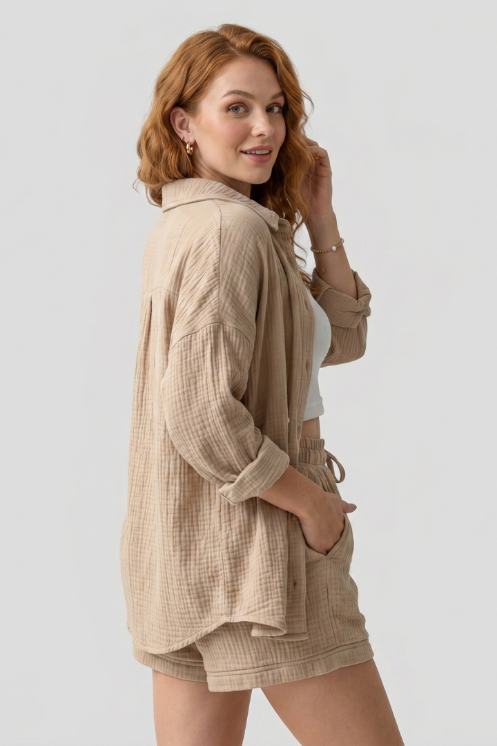 Célina | Ensemble 2 pièces en mousseline pour femme - Haut oversize boutonné et short ample