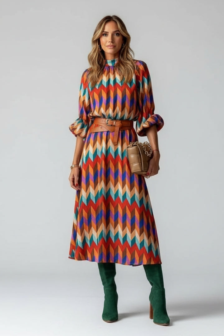 Avenora | Robe Midi Géométrique pour Femme – Robe Imprimée Multicolore à Manches Longues