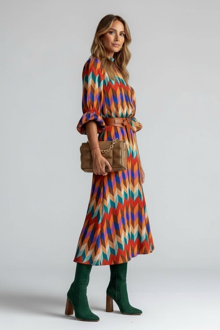 Avenora | Robe Midi Géométrique pour Femme – Robe Imprimée Multicolore à Manches Longues