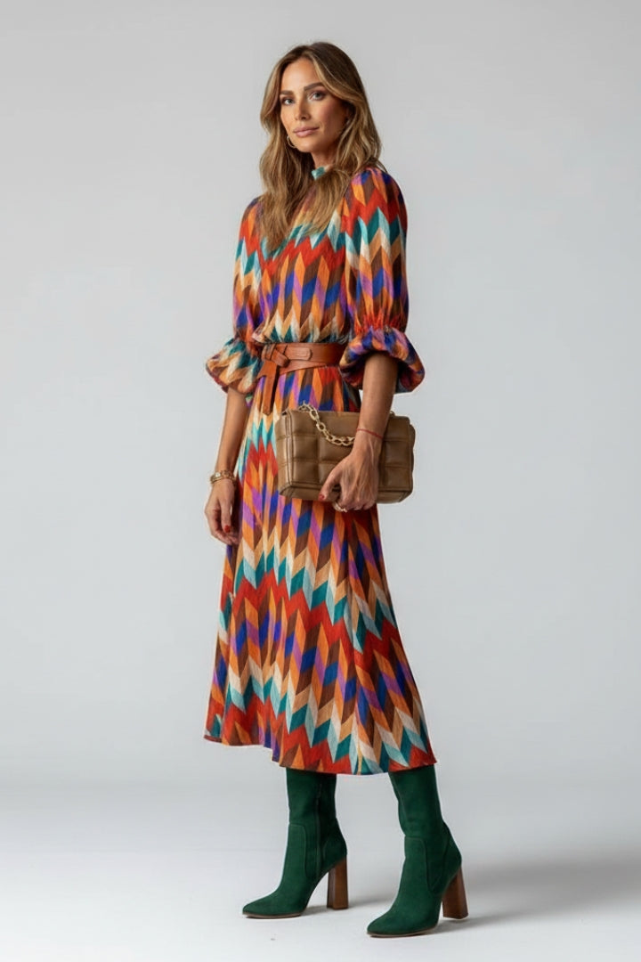 Avenora | Robe Midi Géométrique pour Femme – Robe Imprimée Multicolore à Manches Longues