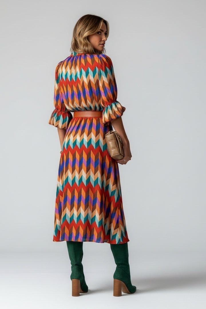 Avenora | Robe Midi Géométrique pour Femme – Robe Imprimée Multicolore à Manches Longues