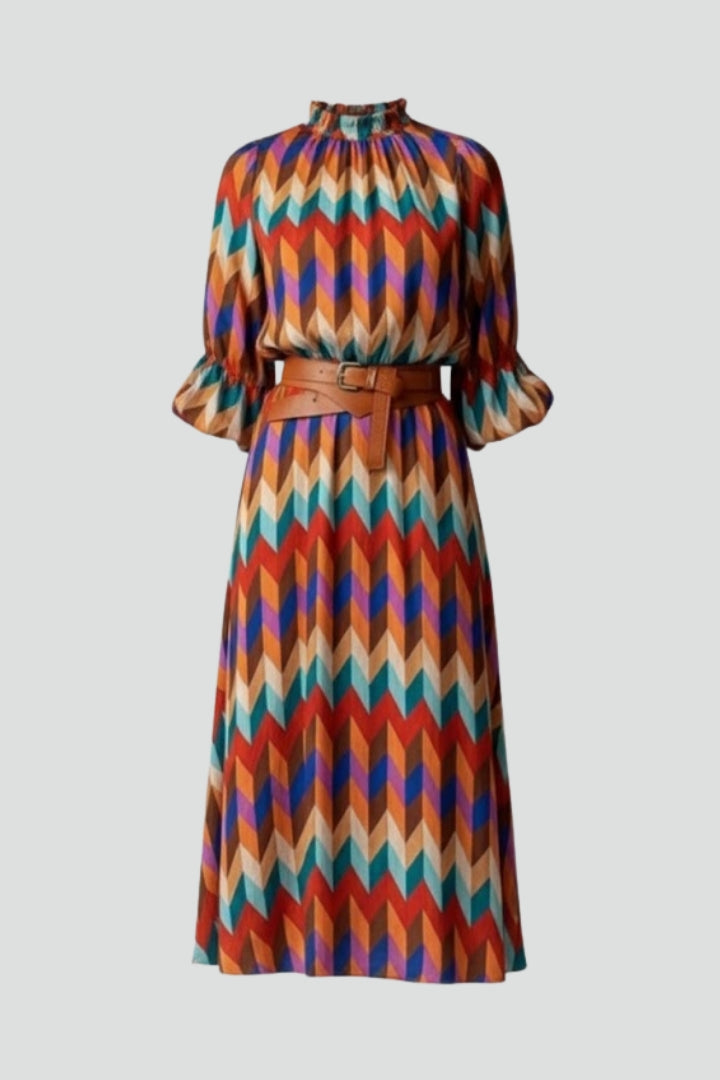 Avenora | Robe Midi Géométrique pour Femme – Robe Imprimée Multicolore à Manches Longues