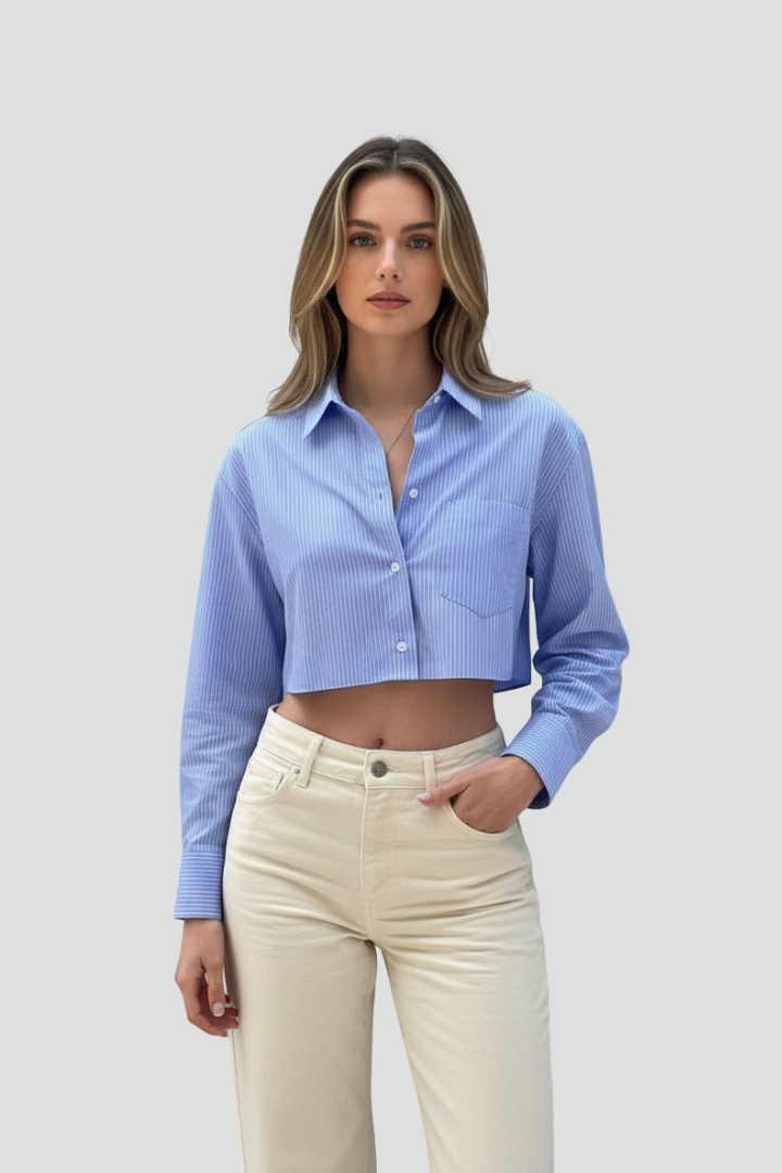 Cyrielle | Chemise rayée à boutons pour femme - Chemisier court à col et manches longues