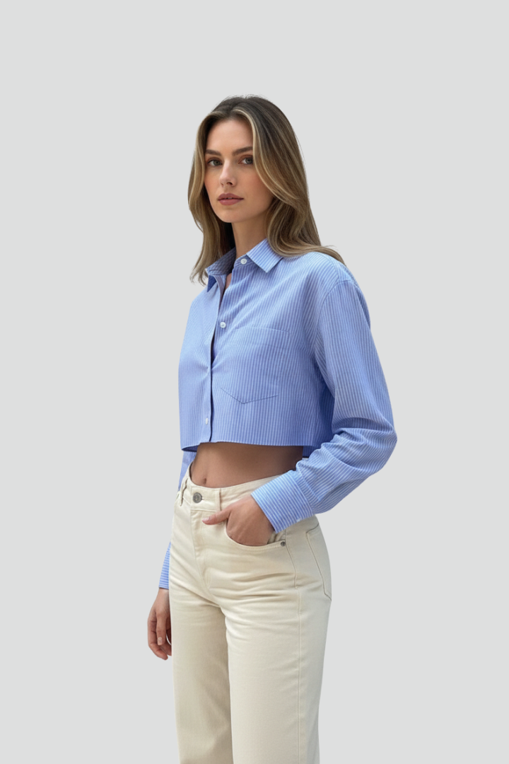 Cyrielle | Chemise rayée à boutons pour femme - Chemisier court à col et manches longues