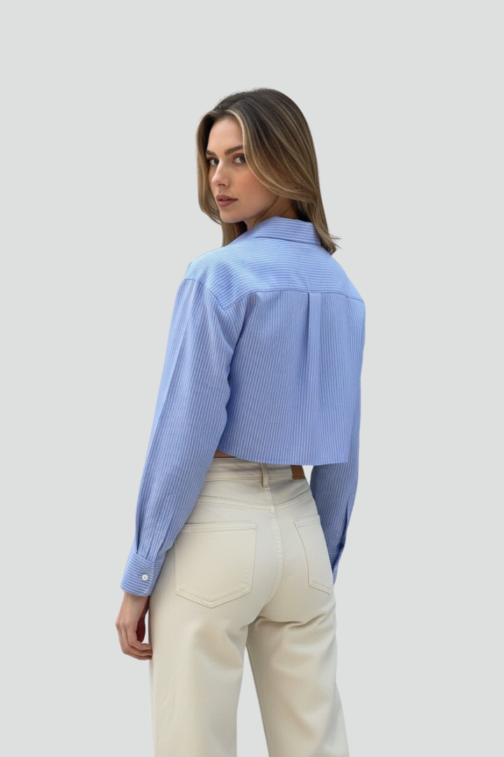 Cyrielle | Chemise rayée à boutons pour femme - Chemisier court à col et manches longues