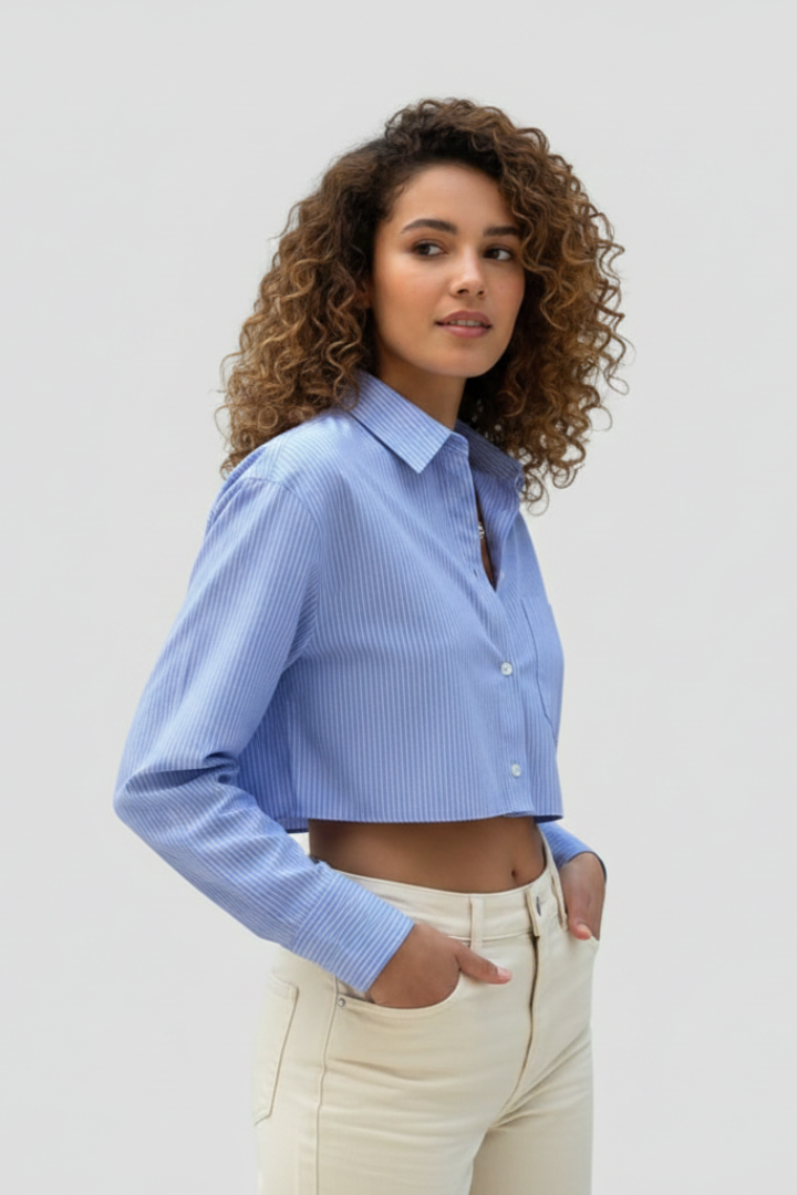 Cyrielle | Chemise rayée à boutons pour femme - Chemisier court à col et manches longues