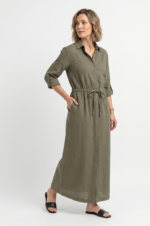 Aimée | Robe longue à manches longues en tissu tissé pour femme - Robe-chemise boutonnée