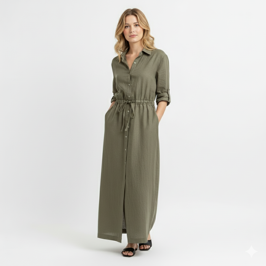 Aimée | Robe longue à manches longues en tissu tissé pour femme - Robe-chemise boutonnée