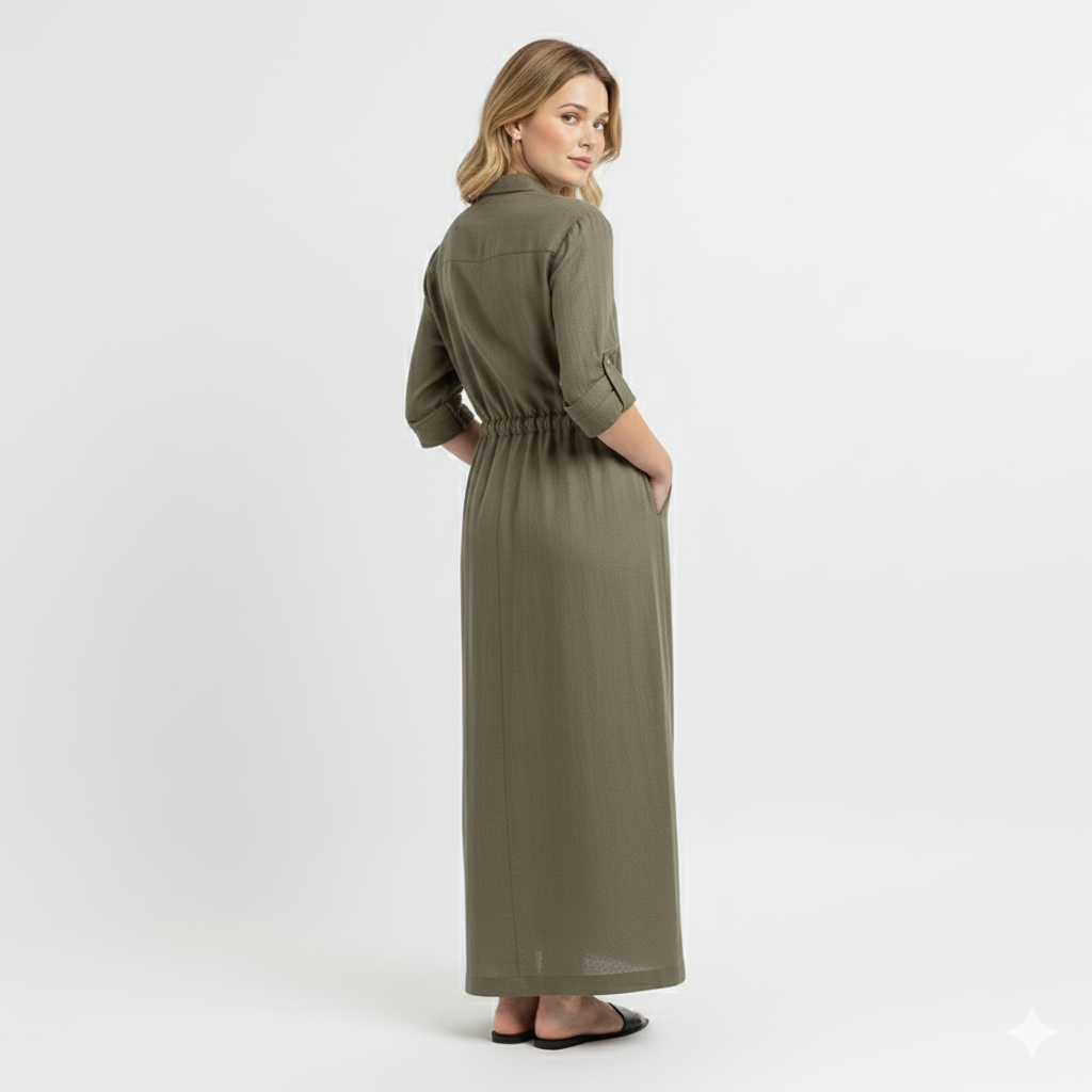 Aimée | Robe longue à manches longues en tissu tissé pour femme - Robe-chemise boutonnée