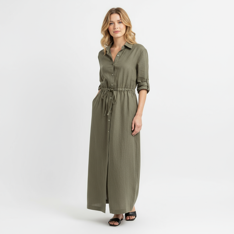 Aimée | Robe longue à manches longues en tissu tissé pour femme - Robe-chemise boutonnée