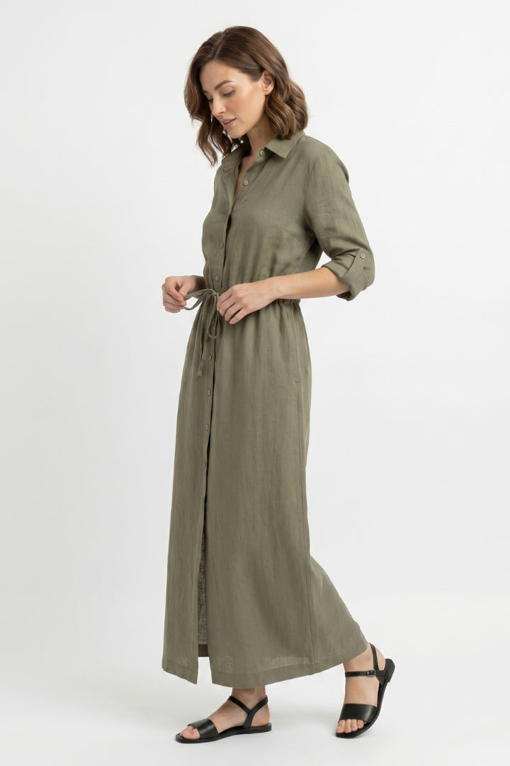 Aimée | Robe longue à manches longues en tissu tissé pour femme - Robe-chemise boutonnée