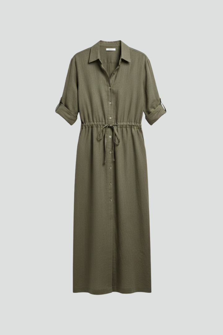 Aimée | Robe longue à manches longues en tissu tissé pour femme - Robe-chemise boutonnée