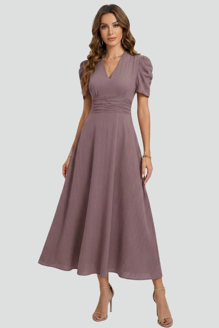 Coralie  | Robe midi décontractée pour femme - Robe fluide à fronces à la taille, manches courtes