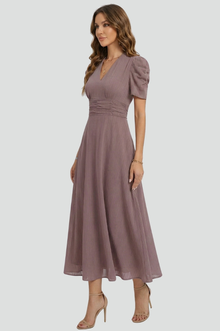 Coralie  | Robe midi décontractée pour femme - Robe fluide à fronces à la taille, manches courtes