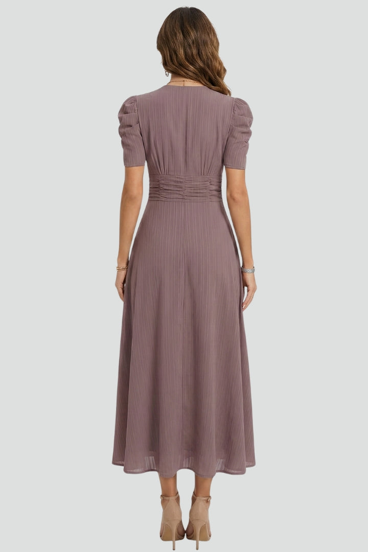 Coralie  | Robe midi décontractée pour femme - Robe fluide à fronces à la taille, manches courtes