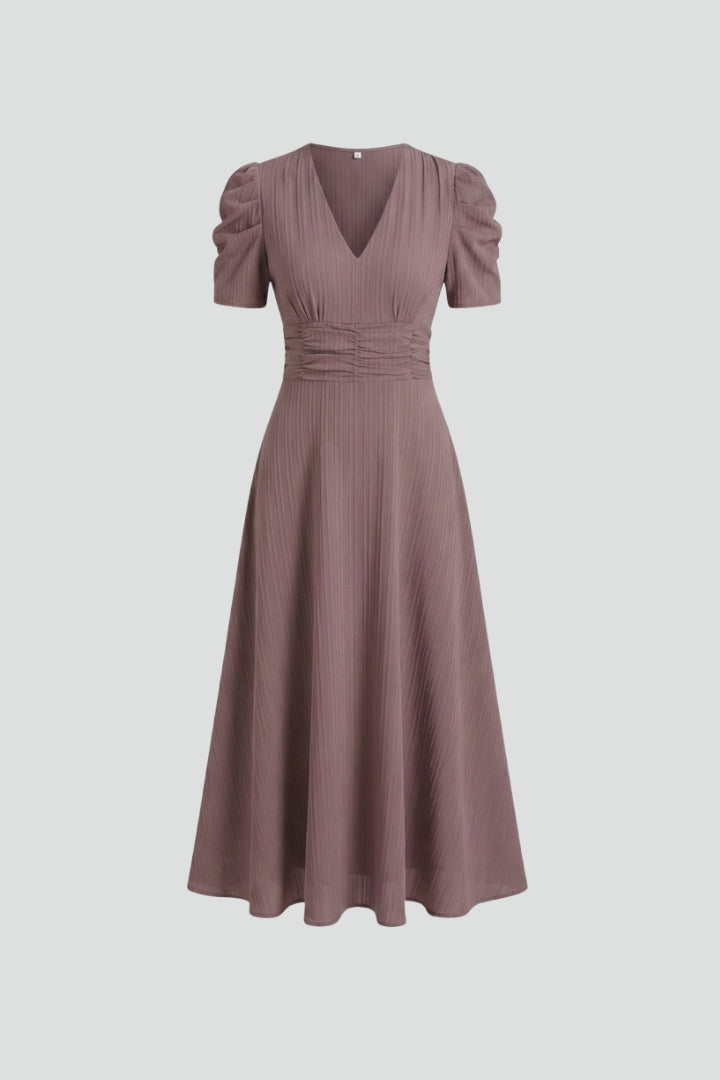 Coralie  | Robe midi décontractée pour femme - Robe fluide à fronces à la taille, manches courtes