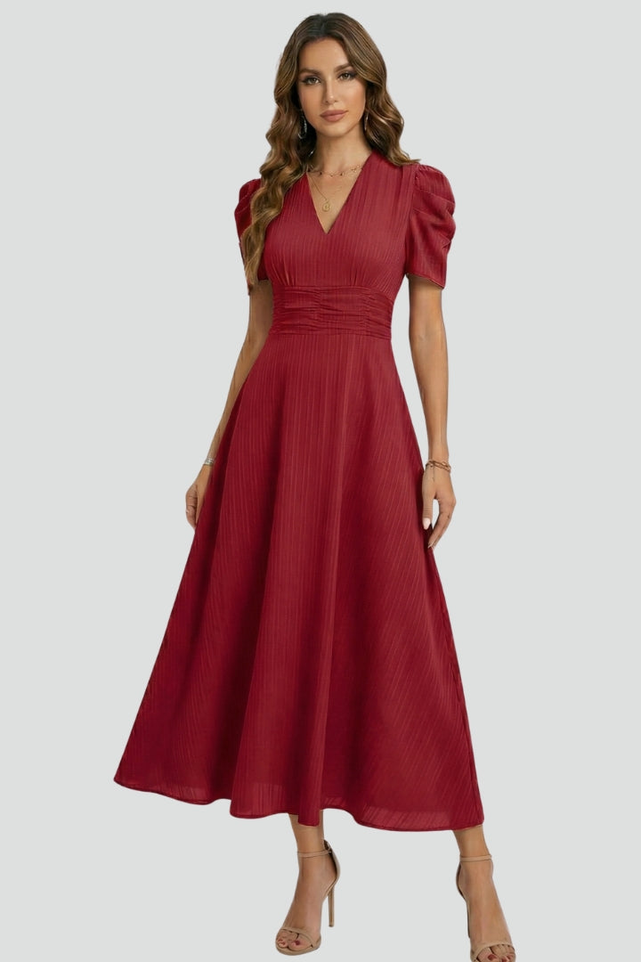 Coralie  | Robe midi décontractée pour femme - Robe fluide à fronces à la taille, manches courtes