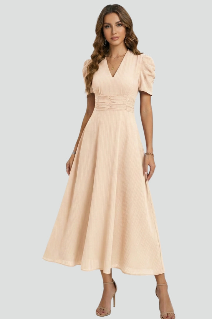 Coralie  | Robe midi décontractée pour femme - Robe fluide à fronces à la taille, manches courtes