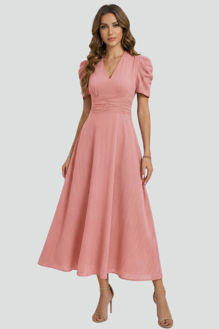 Coralie  | Robe midi décontractée pour femme - Robe fluide à fronces à la taille, manches courtes