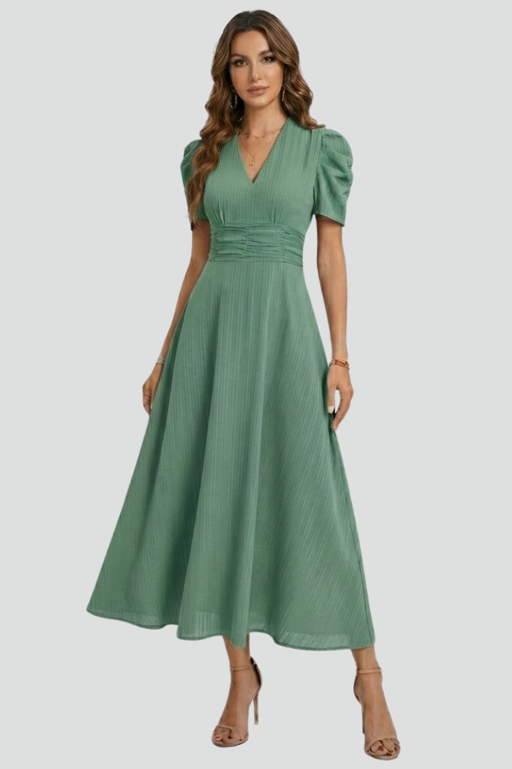 Coralie  | Robe midi décontractée pour femme - Robe fluide à fronces à la taille, manches courtes