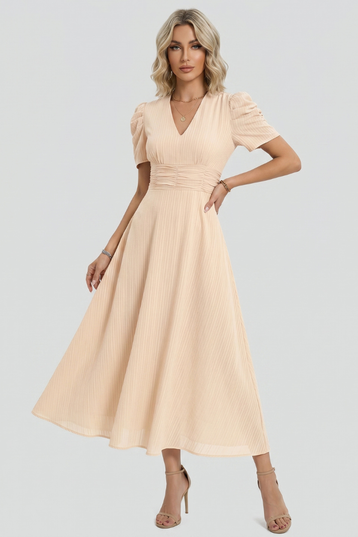 Coralie  | Robe midi décontractée pour femme - Robe fluide à fronces à la taille, manches courtes