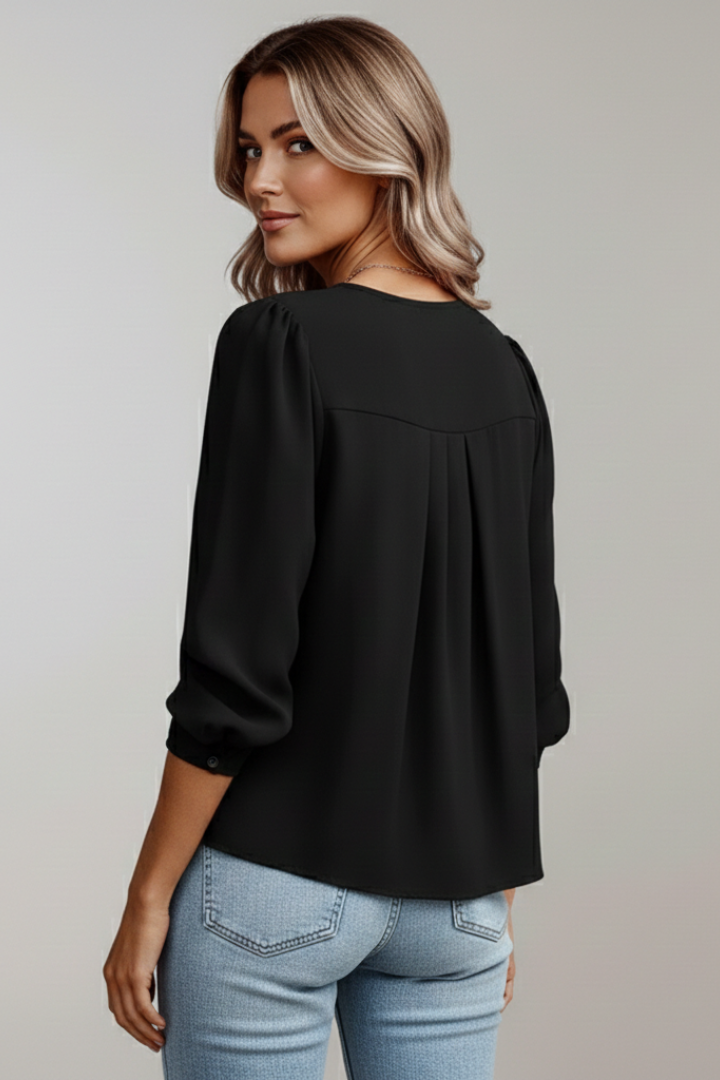 Finley | Chemisier élégant plissé pour femme – Haut à col rond avec manches longues bouffantes