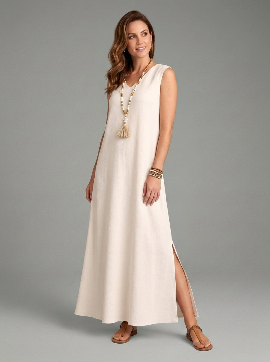Zelia | Robe longue à col en V pour femme – Robe sans manches arrivant aux chevilles