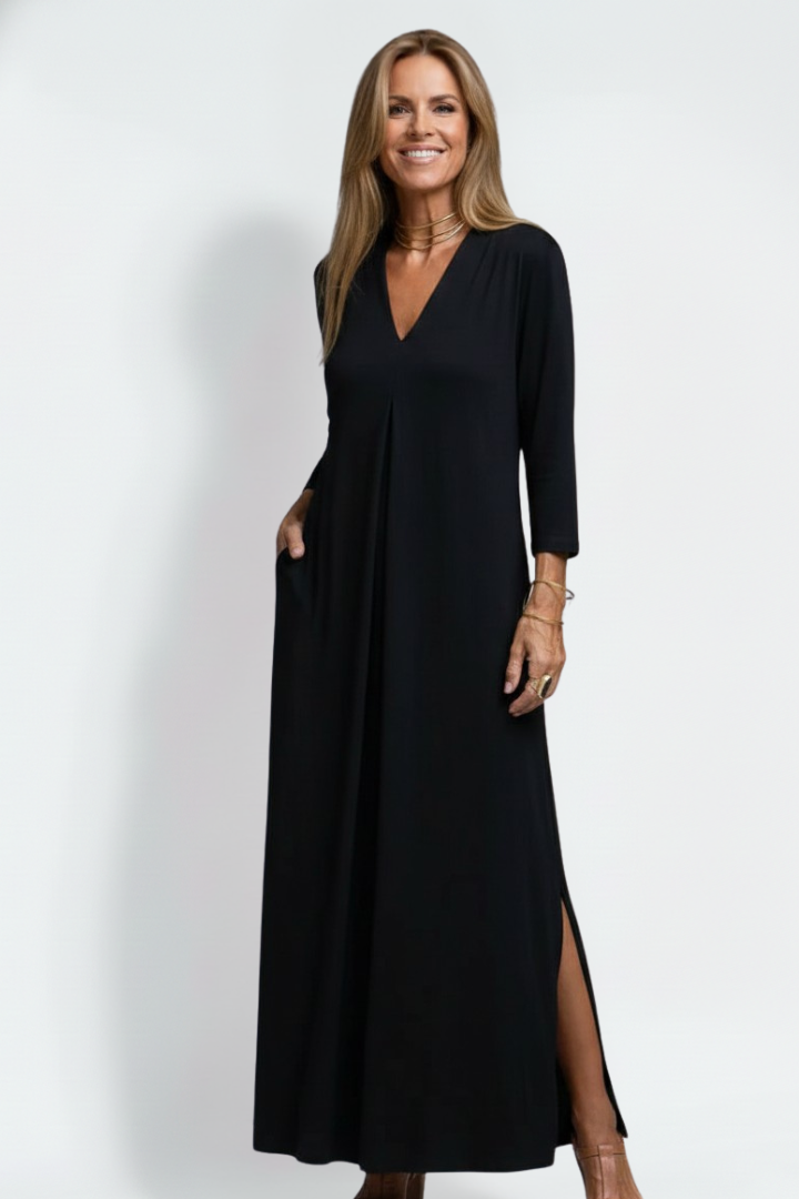 Zelia | Robe longue à col en V pour femme – Robe sans manches arrivant aux chevilles