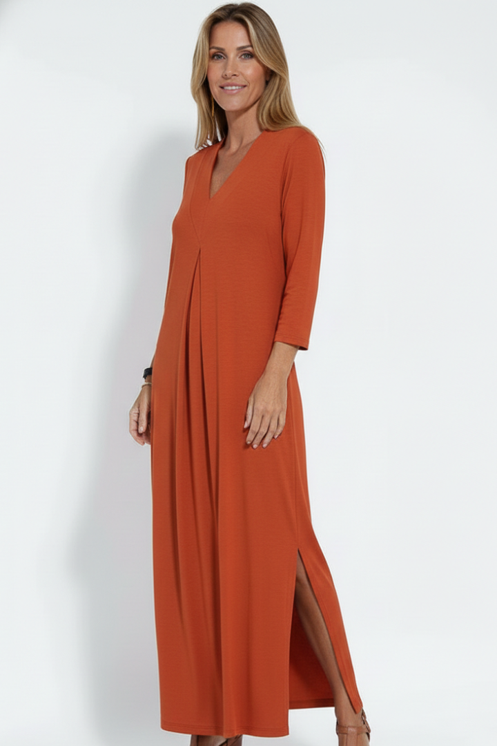 Zelia | Robe longue à col en V pour femme – Robe sans manches arrivant aux chevilles