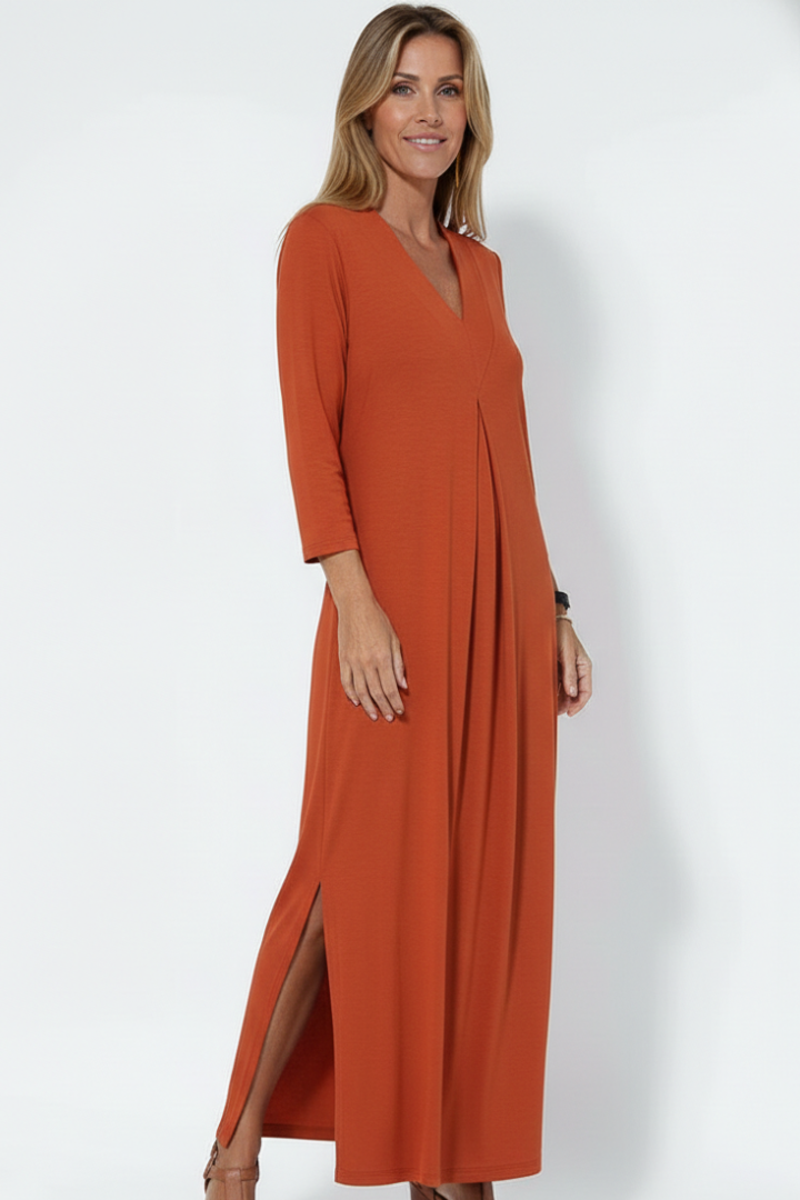 Zelia | Robe longue à col en V pour femme – Robe sans manches arrivant aux chevilles