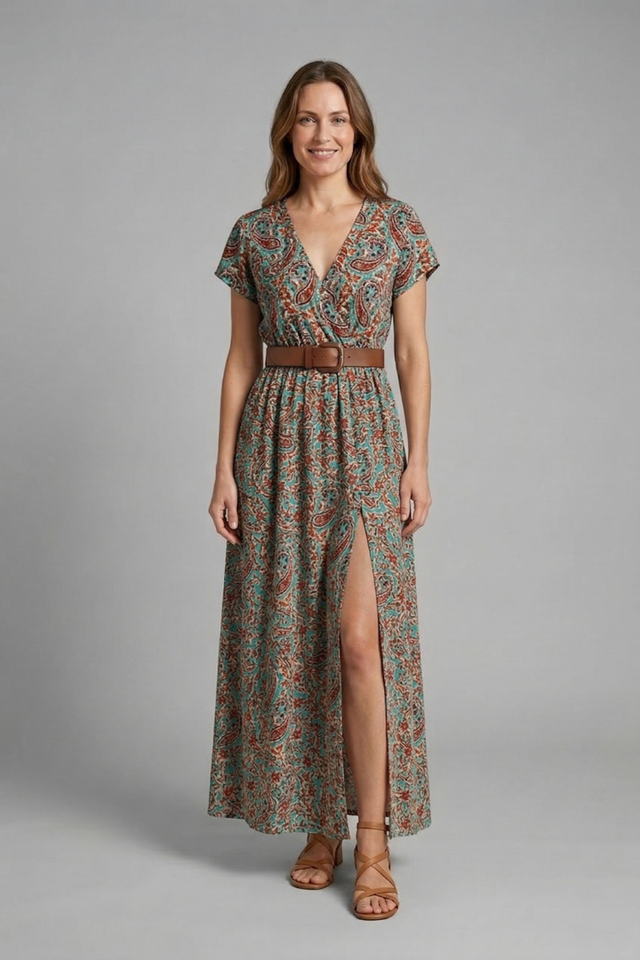 Zelia | Robe longue à col en V pour femme – Robe sans manches arrivant aux chevilles