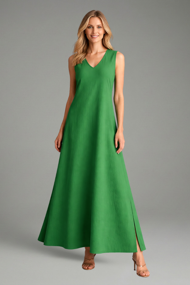 Zelia | Robe longue à col en V pour femme – Robe sans manches arrivant aux chevilles