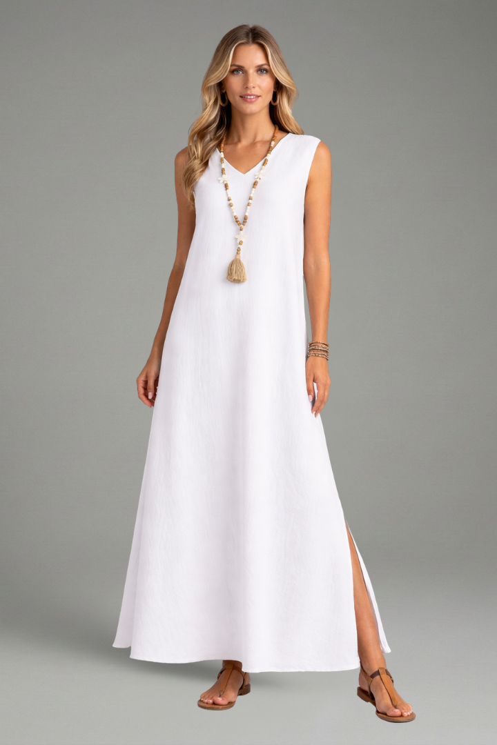 Zelia | Robe longue à col en V pour femme – Robe sans manches arrivant aux chevilles