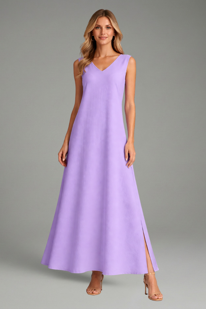 Zelia | Robe longue à col en V pour femme – Robe sans manches arrivant aux chevilles