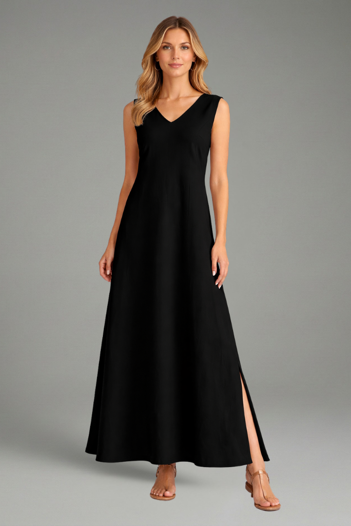 Zelia | Robe longue à col en V pour femme – Robe sans manches arrivant aux chevilles