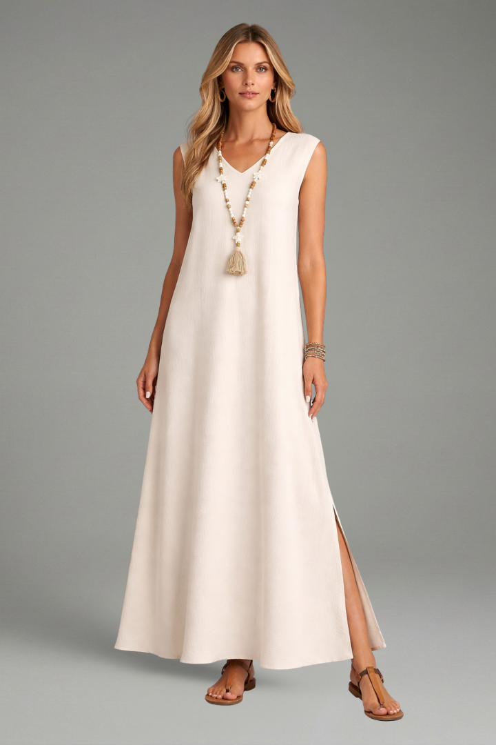 Zelia | Robe longue à col en V pour femme – Robe sans manches arrivant aux chevilles