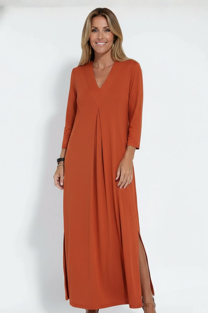 Zelia | Robe longue à col en V pour femme – Robe sans manches arrivant aux chevilles
