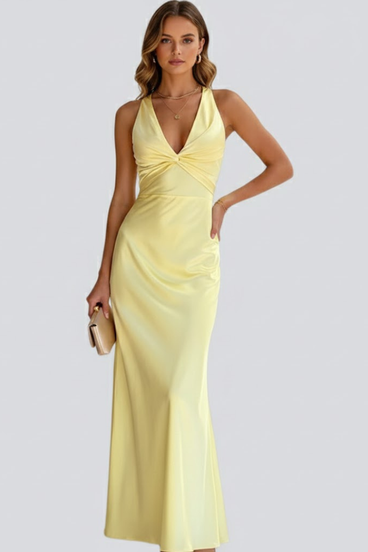 erensa | Robe longue à col en V profond pour femme – Robe sans manches tombant jusqu'au sol